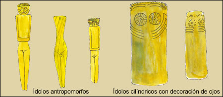 Ídolos antropomorfos e ídolos cilíndricos con decoración de ojos