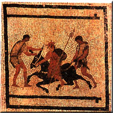 Mosaico que represnta una escena de El Asno de Oro de Apuleyo, Museo Arqueolgico Nacional, Npoles