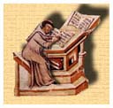 Un copista lee directamente su ejemplar, miniatura del Libro de los privilegios del reino de Mallorca (s. XIII-XIV)
