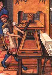 La imprenta de caracteres mviles de Johannes Gutenberg en una miniatura del Compendio de los cantos reales (siglo XVI), Biblioteca Nacional, Pars.