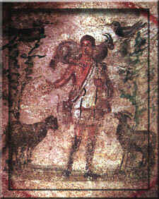 Jesucristo representado como buen pastor (s. III), fresco de las catacumbas de Santa Priscila, Roma