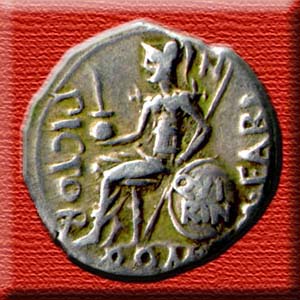 El historiador romano Fabio Pctor en el reverso de un denario (moneda romana de plata) acuado por un descendiente suyo en el 126 a.C.