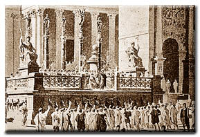 Grabado del siglo XIX, que representa los Rostra, la tribuna de los oradores del Foro romano