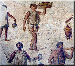 Mosaico que representa a unos esclavos sirviendo un banquete (s. III d.C.), Museo del Louvre, Pars