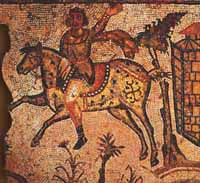 Escena de un mosaico: un vndalo sale a caballo de una fortificacin (s. V), British Museum, Londres.