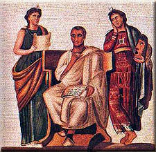 Virgilio flanqueado por las musas Clo y Melpmene, en un mosaico del s. IV, Museo de El Bardo, Tnez
