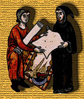 Un vendedor de pergamino ofrece su mercanca (dibujo basado en una miniatura medieval)