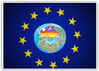 Bandera de Europa con mapamundi en el interior coloreado con arco iris