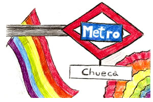 Dibujo entada metro de Chueca, junto a bandera arco iris 