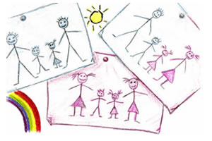 Dibujo de distintos tipos de familias (padre-madre, padre-padre, madre-madre) realizados por nios 