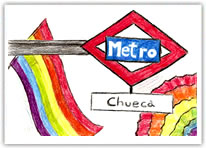 Dibujo entrada al metro de Chueca, junto a bandera arco iris