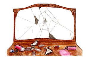 Dibujo de espejo roto, junto a productos de maquillaje 