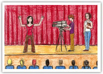 Dibujo de escenario donde una joven acta frente a un pblico y una cmara de televisin