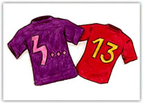 Dibujo de dos camisetas (roja con el nmero trece y otra morada con el tres)