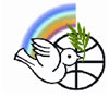 Paloma de la Paz delante de mapamundi y bandera arco iris