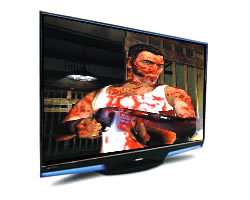 Televisor con personaje de videojuego portando arma y ensangrentado