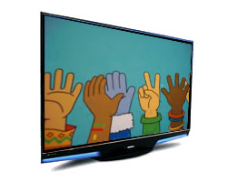 Televisor mostrando dibujo de manos alzadas de distinto color