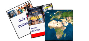 Imagen de tres portadas superpuestas: la inferior titulada 'Gua de utilizacin', la del medio 'Novela didctica' y la superior representada por un mapa del mundo
